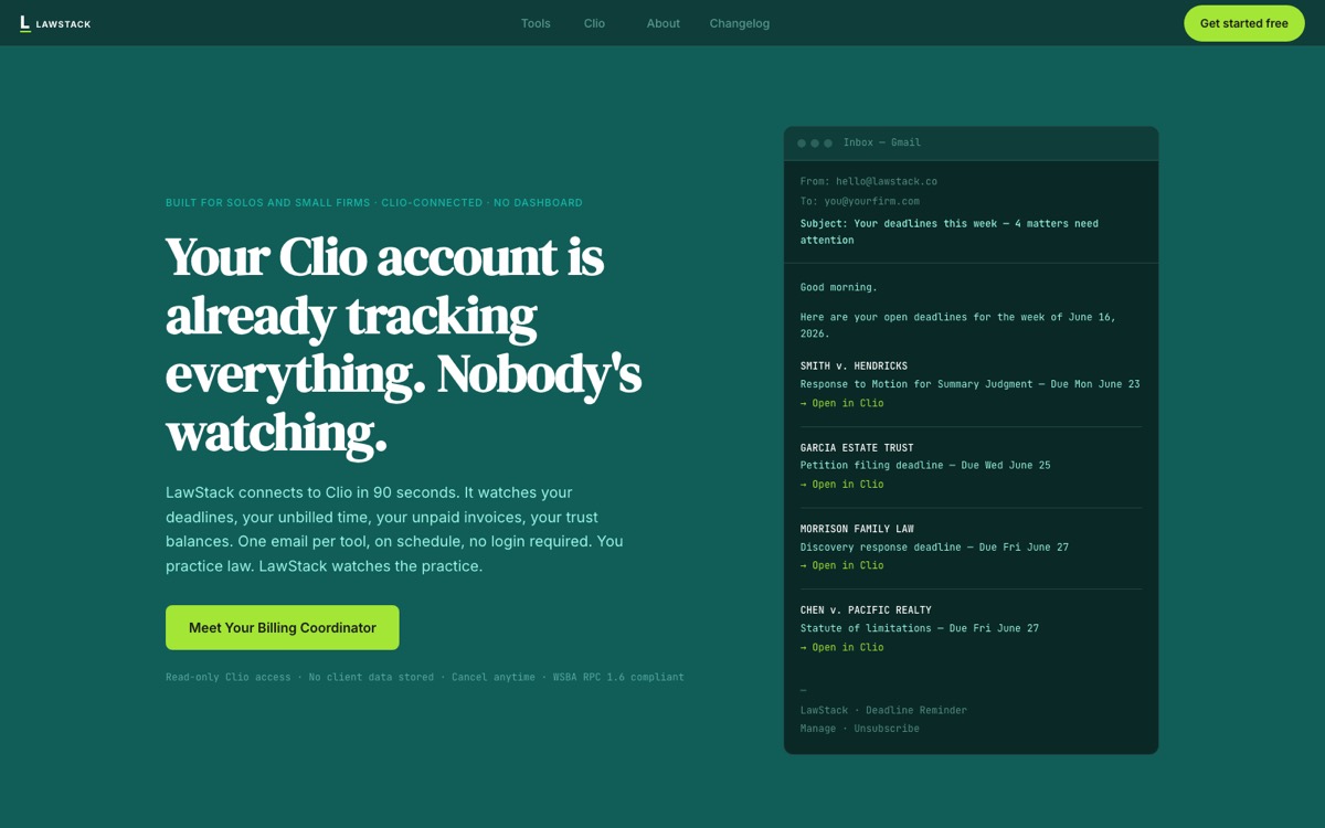 LawStack product screenshot: AI-Employees that are Clio-connected for solo and small firms - 48 skills rolled up into one high-agency billing coordinator AI-agent at 10th the price - practice coordinator & client coordinator in development.