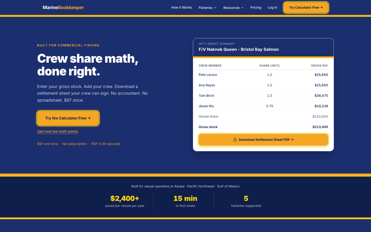MarineBookkeeper product screenshot: Crew share settlement calculator for commercial fishing vessels. Enter the gross stock and crew, download a signature-ready settlement PDF.