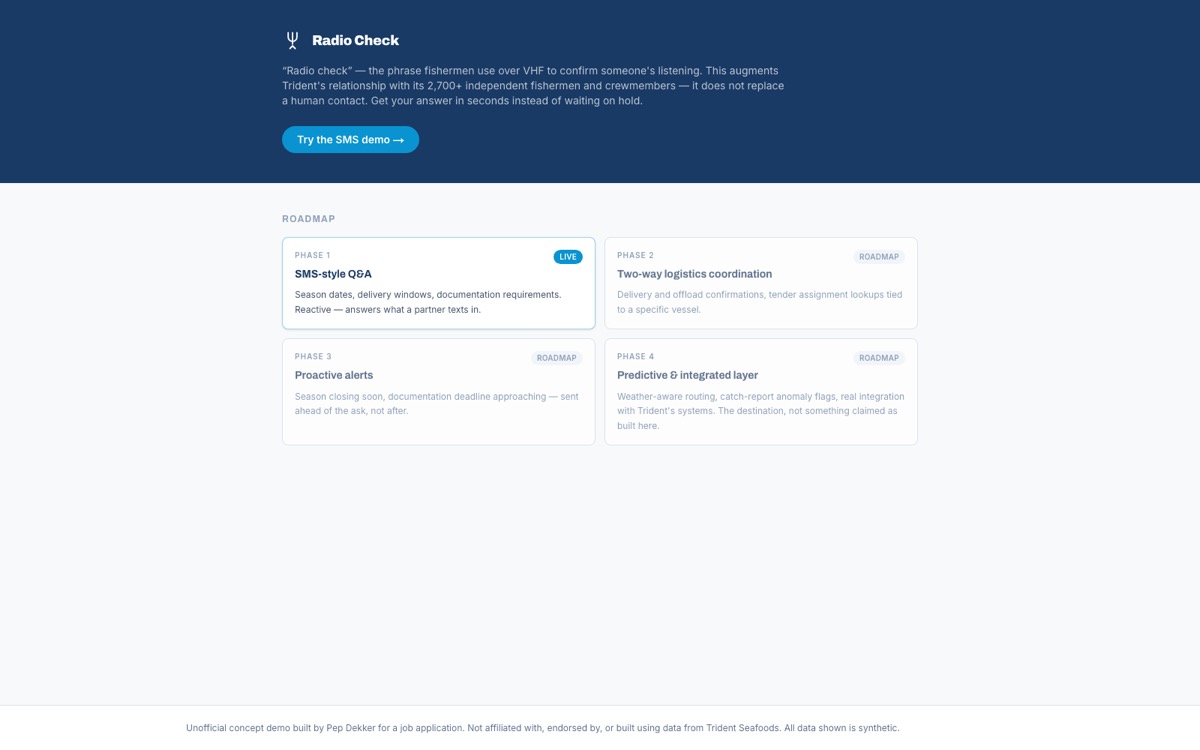 Radio Check product screenshot: An SMS-first AI agent concept built for crews with no reliable data connection at sea, answering season, delivery, and documentation questions in seconds instead of a phone calls.