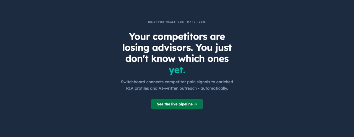 Switchboard product screenshot: Competitor intelligence built as a Wealthbox demo. Connects competitor pain signals to enriched RIA profiles and AI-written outreach.
